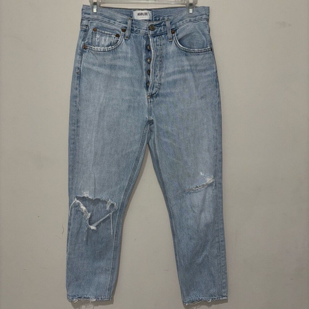 Agolde Riley High Rise Straight Jeans Women's Distressed Open Fray Knee 27